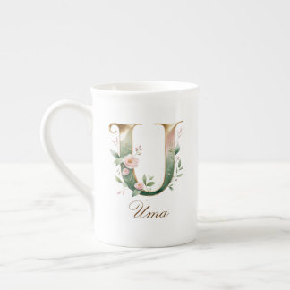 Personlig guldbokstav med blommor U Benporslin Mugg