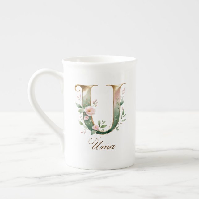 Personlig guldbokstav med blommor U Benporslin Mugg (Vänster)