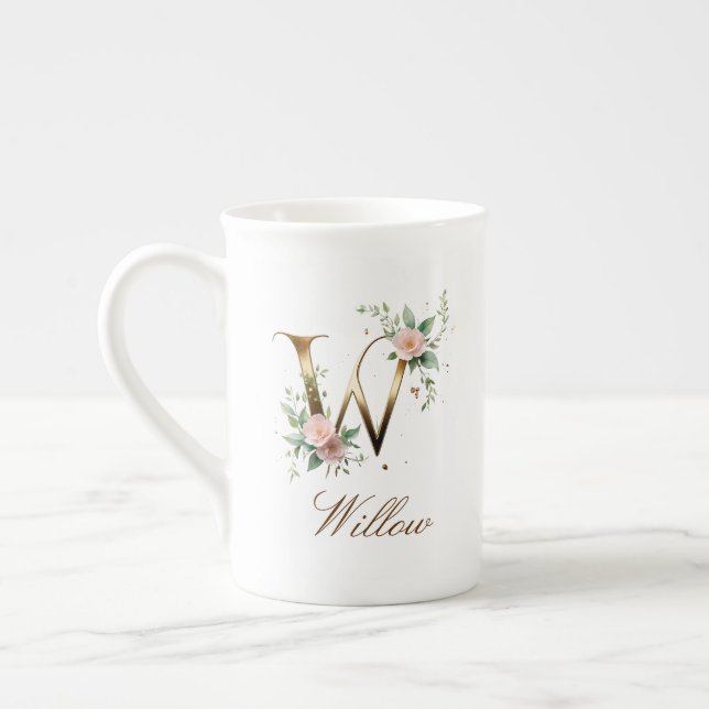 Personlig guldbokstav W med blommor Benporslin Mugg (Vänster)