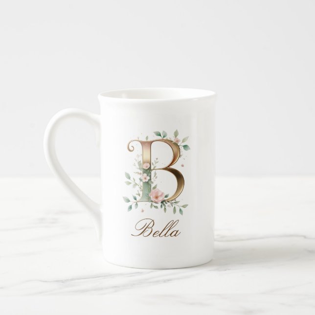 Personlig guldbokstavsinitial B med blommor Benporslin Mugg (Vänster)