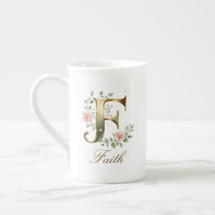 Personlig guldbokstavsinitial F med blommor Benporslin Mugg