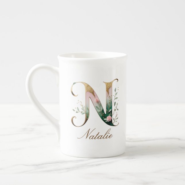 Personlig guldbokstavsinitial N med blommor Benporslin Mugg (Vänster)