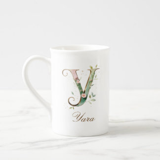 Personlig guldbokstavsinitial Y med blommor Benporslin Mugg