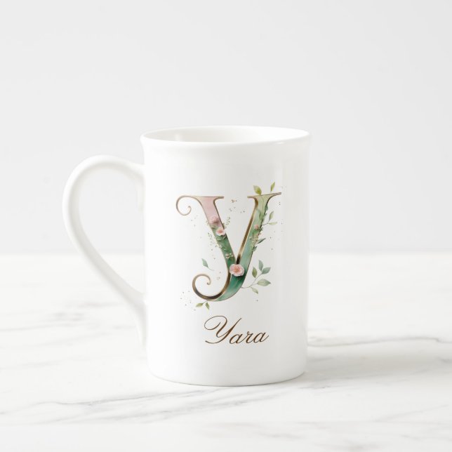 Personlig guldbokstavsinitial Y med blommor Benporslin Mugg (Vänster)