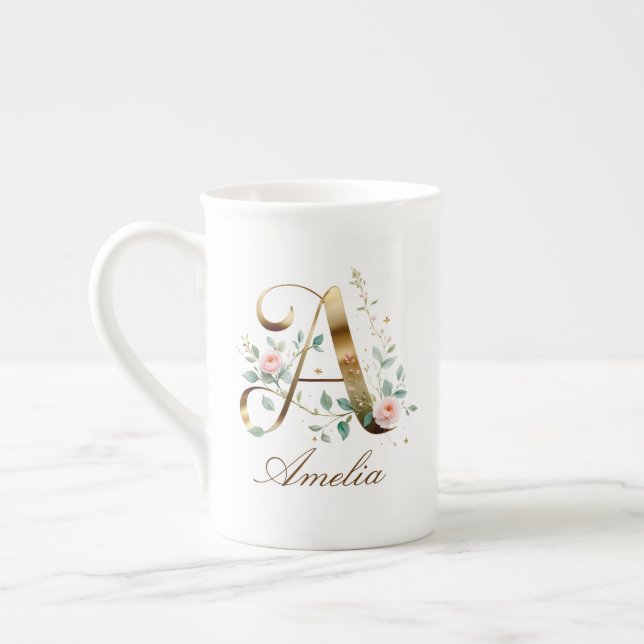 Personlig guldbukett monogram initial A Benporslin Mugg (Vänster)