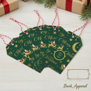 Personlig guldglitter Santa släde & renar  Presentetikett