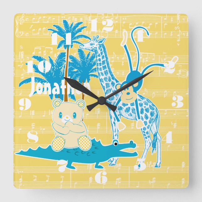 Personlig Gult Blue Jungle Animal Wall Clock Fyrkantig Klocka (Framsida)