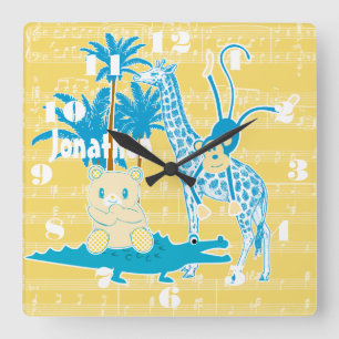 Personlig Gult Blue Jungle Animal Wall Clock Fyrkantig Klocka