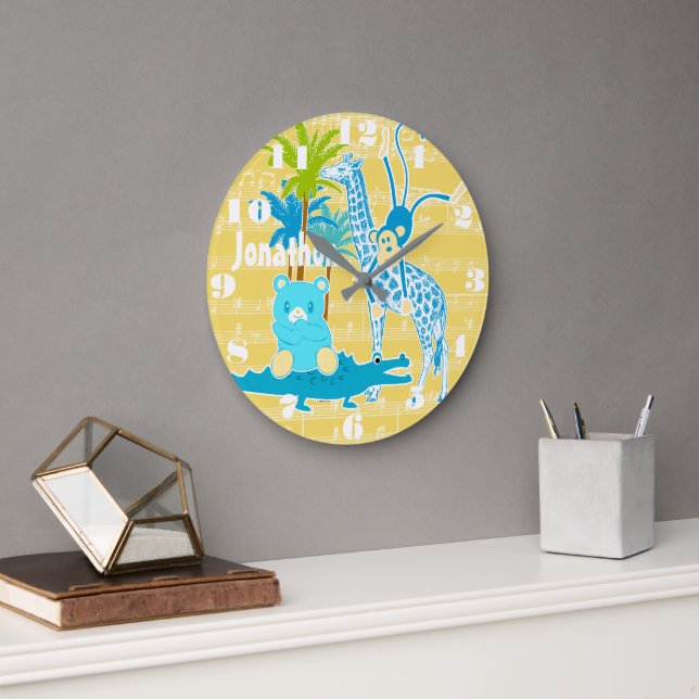 Personlig Gult Blue Jungle Animal Wall Clock Stor Klocka (Kontor)