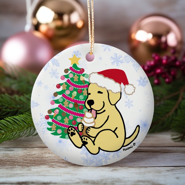 Personlig Gult Labrador Ice Cream Julgransprydnad Keramik (Personalized Yellow Labrador Ice Cream Christmas Ornament for Yellow Labrador Owners.  Cartoon Style)