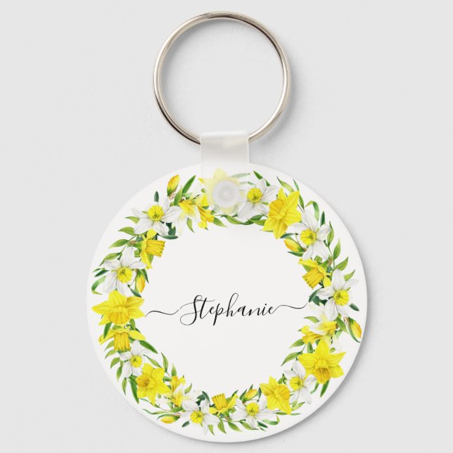 Personlig Gult White Vår Daffodils Garland Nyckelring (Framsida)