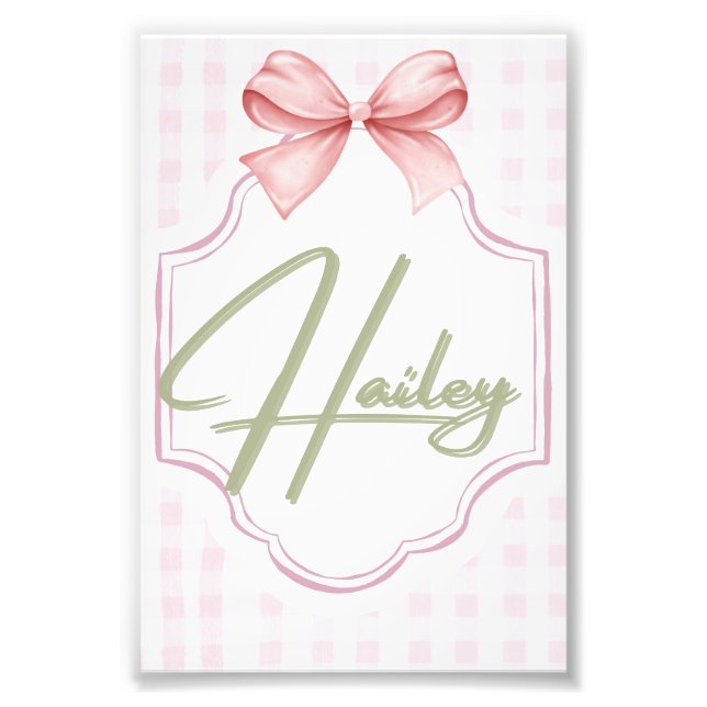 Personlig Hailey Flicka Nursery Bow&Gingham Fototryck (Framsidan)