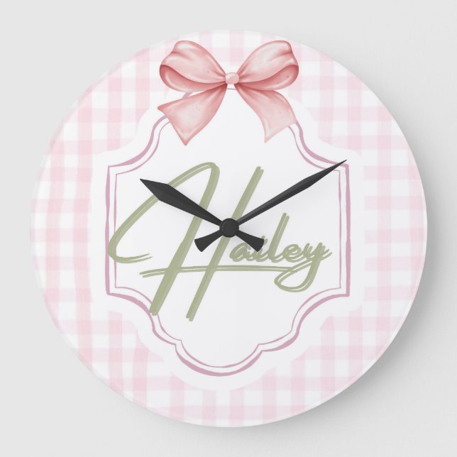 Personlig Hailey Flicka Nursery Bow&Gingham Stor Klocka (Framsida)