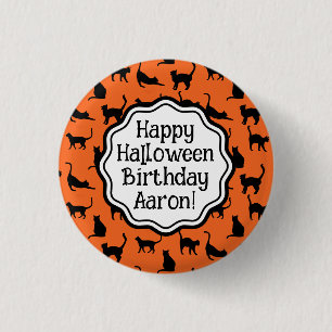 Personlig Halloween Birthday Orange Black Cat Knapp