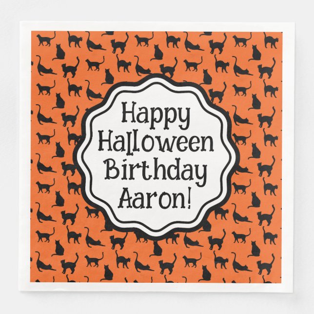 Personlig Halloween Birthday Orange Black Cat Pappersservett (Framsida)