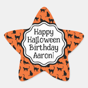 Personlig Halloween Birthday Orange Black Cat Stjärnformat Klistermärke