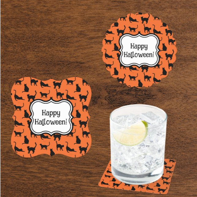 Personlig Halloween fest Orange Black Cat Underlägg Papper (Personalize with your own message coasters)