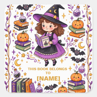 Personlig Halloween-häx- exlibris för barn Fyrkantigt Klistermärke