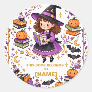 Personlig Halloween-häx- exlibris för barn Runt Klistermärke