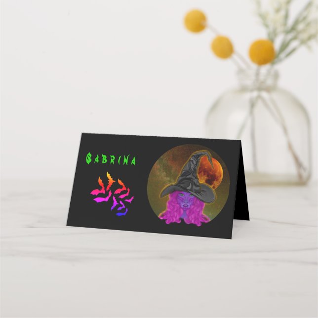 Personlig Halloween-häxa Placeringskort (Framsida)