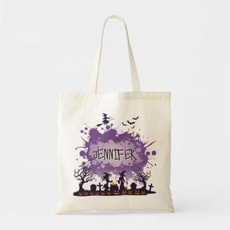 Personlig Halloween Lila Namn Witch Graveyard Tygkasse