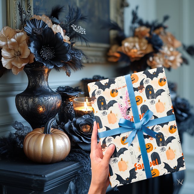 Personlig Halloween-pumpa & fladdermus-mönster Presentpapper (Skapare uppladdad)
