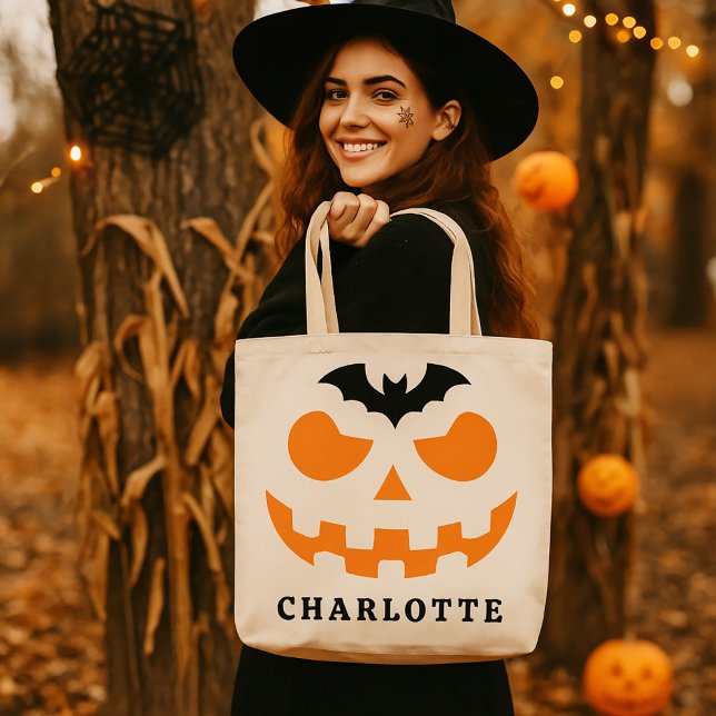 Personlig Halloween Pumpkin Ansikte eget namn Tygkasse (Skapare uppladdad)