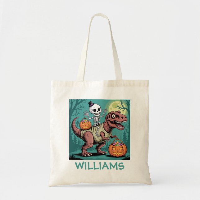 Personlig Halloween Skeleton Riding Dinosaur Tygkasse (Framsidan)