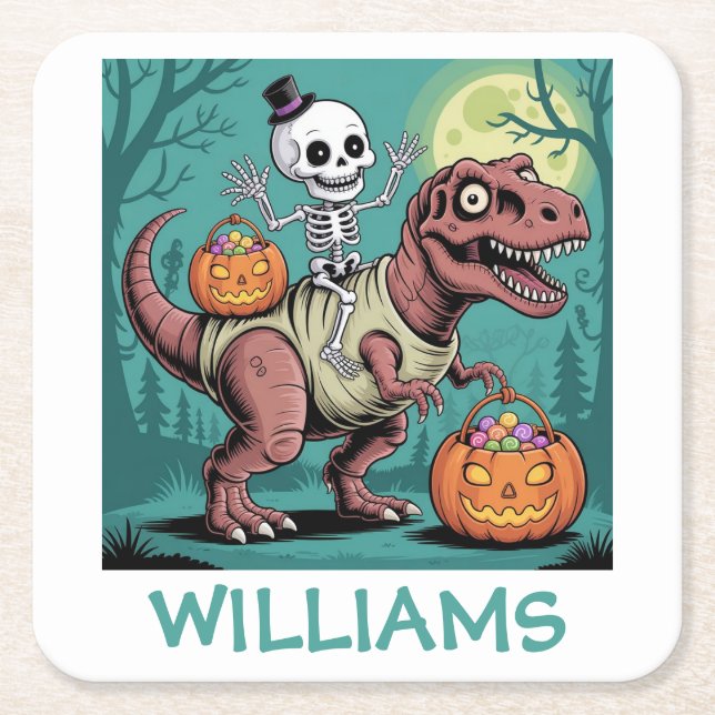 Personlig Halloween Skeleton Riding Dinosaur Underlägg Papper Kvadrat (Framsidan)