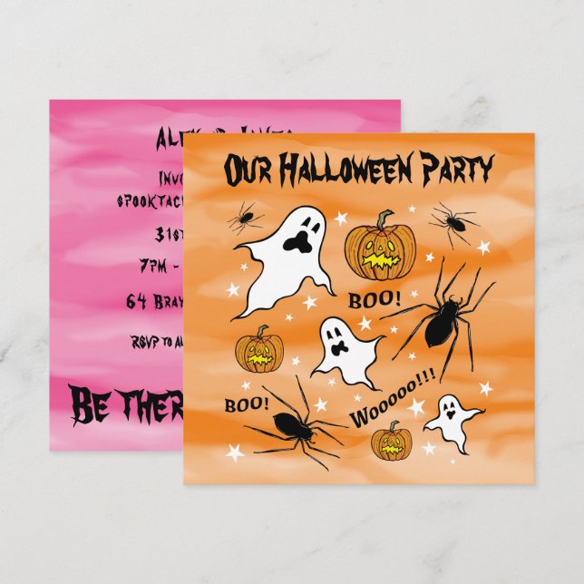 Personlig Halloween Spöken, Pumpkins och Spider Inbjudningar (Fram/baksida)