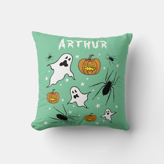 Personlig Halloween Spöken, Pumpkins och Spider Kudde (Framsida)