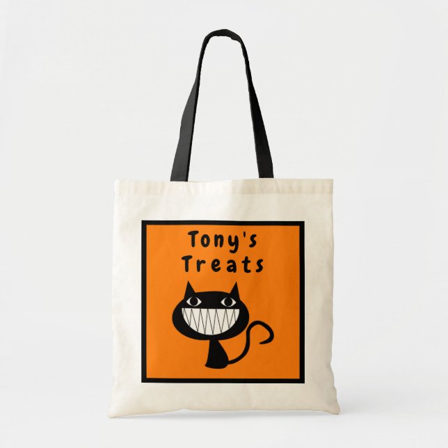 Personlig Halloween Treats Smiling Black Cat Tygkasse (Framsidan)