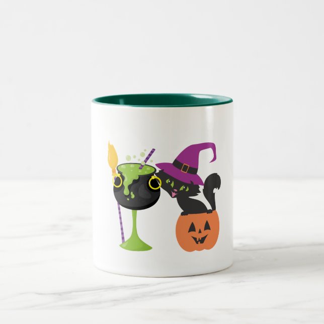 Personlig Halloween Witch Black Cat Coffee Mugg (Center)