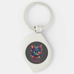 Personlig Halloween/Witch/Wizard/Goth Cat Swirl Silverfärgad Nyckelring