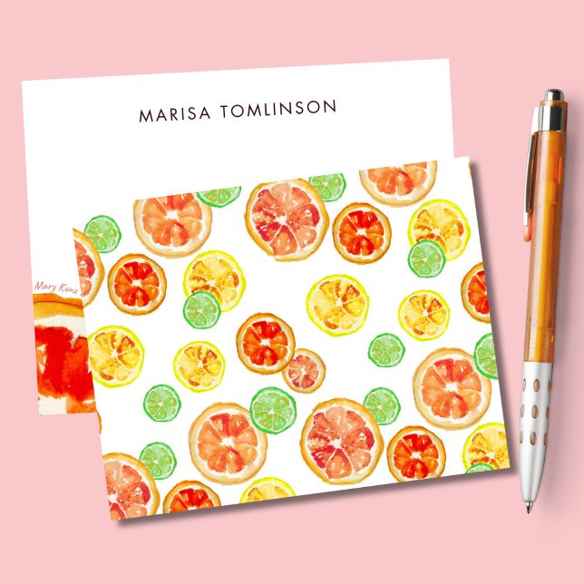 Personlig Hand-Illustrated Citrus Botanical Anteckningskort (My colorful citrus pattern covers one side of this card. Your personalization appears on the other.)