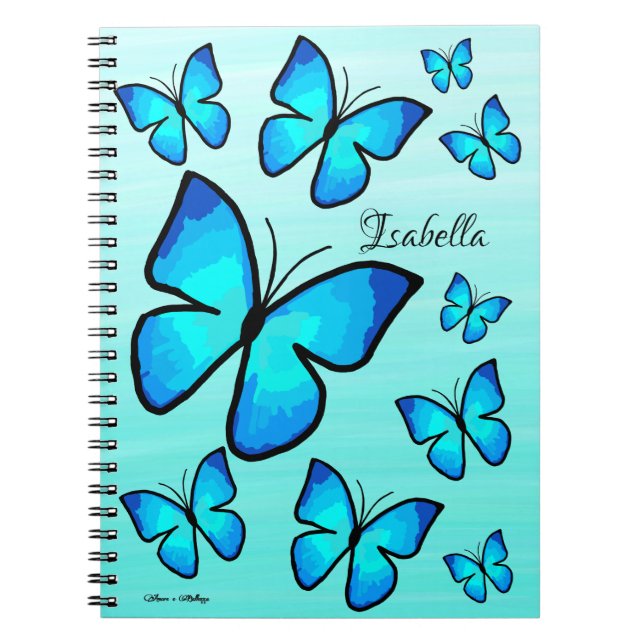 Personlig Hand-målad Blue Butterflies Ombre Anteckningsbok (Framsidan)