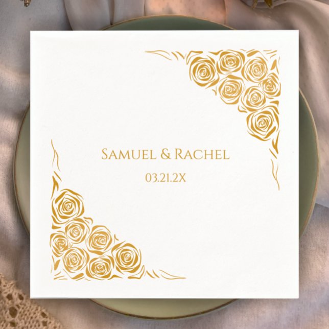 Personlig Hand plockade Golden Ro Bröllop Pappersservett (Personalize the hand drawn faux gold roses napkin. Unique elegant and chic. Create a beautiful table)