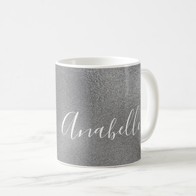 Personlig handskriven namn silvergrå glitter kaffemugg (Framsida höger)