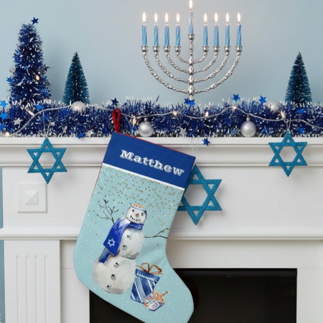 Personlig Hanukkah Blå Snöman Vattenfärg Liten Julstrumpa (Skapare uppladdad)