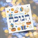 Personlig Hanukkah Menorah Donuts & Dreidel Pappersservett<br><div class="desc">Denna djärva grafik är perfekten för att skapa en festlig Hanukkah/Chanukah Party bord. Vitaktigt färgat Chanukah inslag - inklusive Jelly Donuts, Dreidels, Wrapped Gifts, Guld Mynt och Stars - omger ord CHANUKAH i Hebrew. Med plats för ditt eget namn & meddelande. Om du vill se en annan version av den...</div>