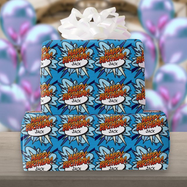 Personlig HAPPY FÖDELSEDAG Serietidning Popkonst Presentpapper (Personalised HAPPY BIRTHDAY Comic Book Pop Art Wrapping Paper)