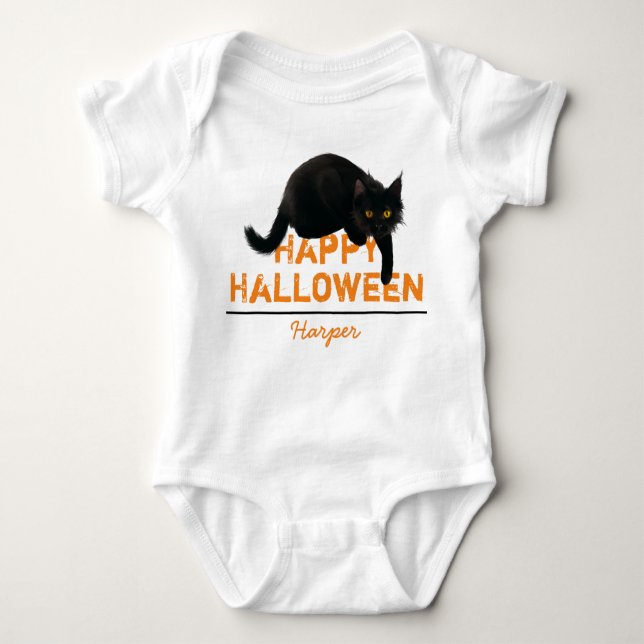 Personlig Happy halloween Black Cat T Shirt (Framsida)