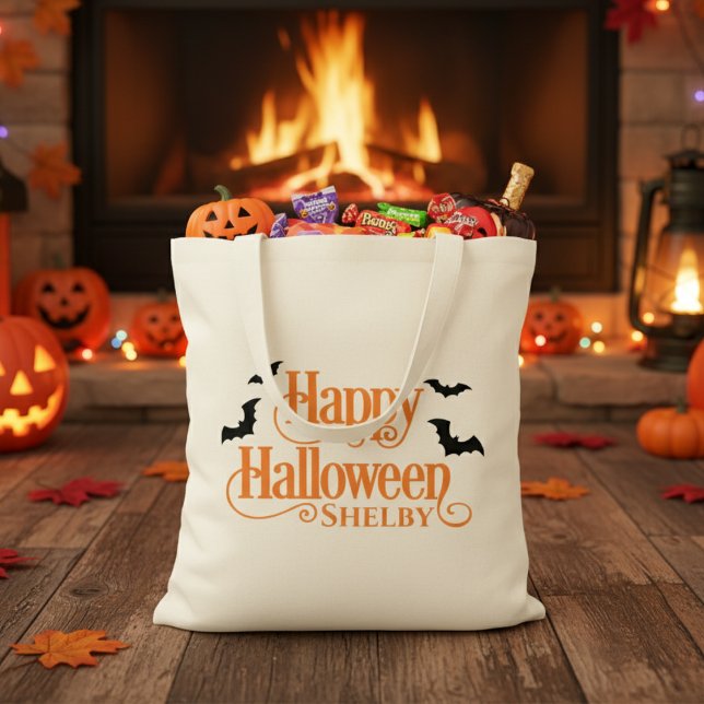 Personlig Happy halloween Bus eller godis Tygkasse (Personalized Happy Halloween Trick or Treat Tote Bag - Add your favorite trick-or-treater's name!)