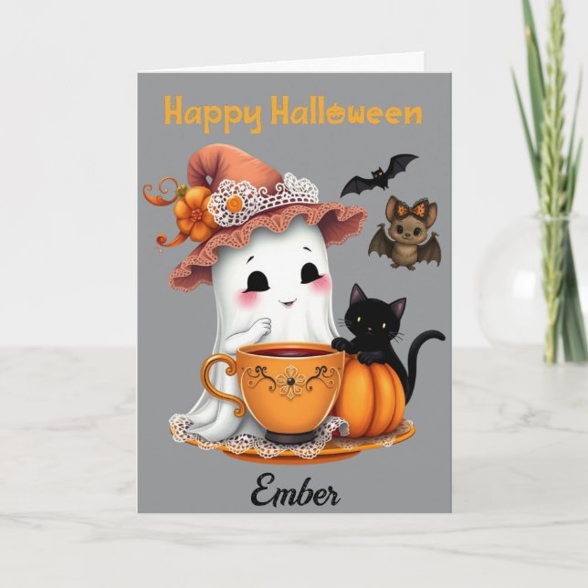 Personlig Happy halloween Cute Ghost, Cat, Fladder Kort (Framsida)