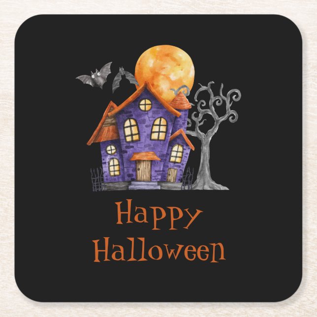 Personlig Happy halloween Haunted House Underlägg Papper Kvadrat (Framsidan)