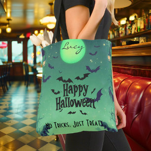 Personlig Happy halloween med Grönt Måne, Fladderm Tygkasse