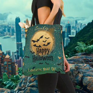 Personlig Happy halloween med Grönt Moonlit Tygkasse