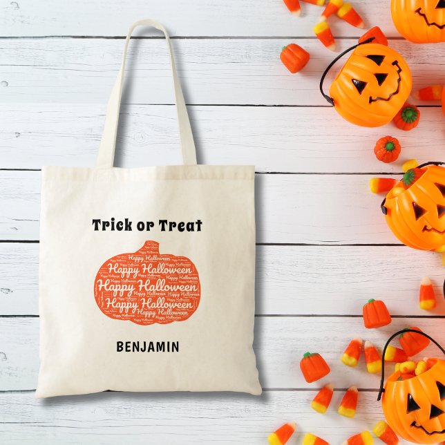 Personlig Happy halloween Pumpkin Ord Art Tygkasse (Personalize with Name, edit / remove other text as required)
