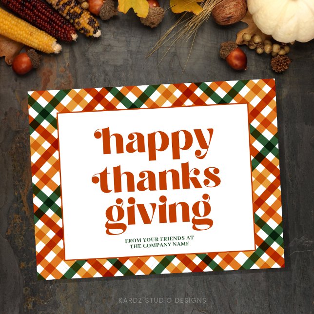 Personlig Happy thanksgiving Business Postcard Helg Vykort (Happy Thanksgiving Business Postcard with a beautiful orange and plaid background)