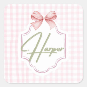 Personlig Harper Flicka Nursery Bow&Gingham Fyrkantigt Klistermärke